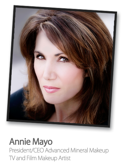 A woman's head shot with a removed background. The caption reads, 'Annie Mayo, president/CEO advanced mineral makeup.  TV and film makeup artist'.