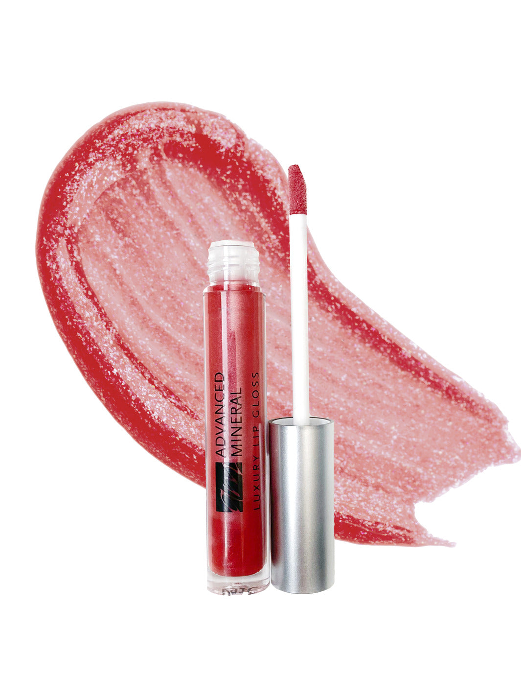 Advanced Mineral Makeup luxury lipgloss in the color of 'ashly'.  It's a little bottle with the applicator aside it and a makeup smear swatch to show the reddish color. #colour_ashly