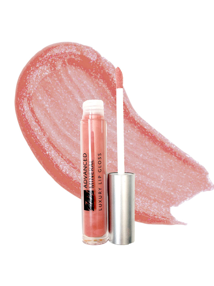 A product called 'luxury lipgloss' in the color of 'jessica'.  It's a little bottle with the applicator aside it and a makeup smear swatch to show the reddish color. #colour_jessica
