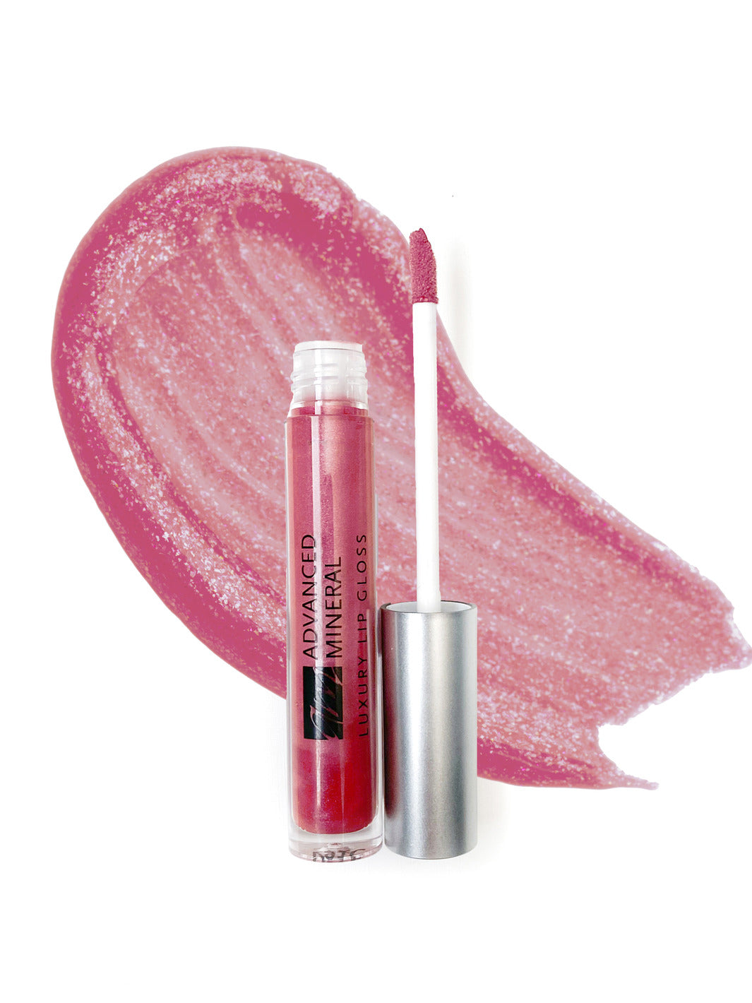 A product called 'luxury lipgloss' in the color of 'laura'.  It's a little bottle with the applicator aside it and a makeup smear swatch to show the reddish color. #colour_laura