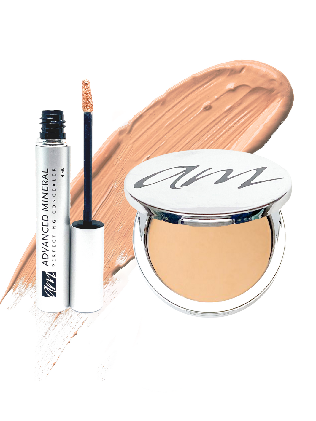 A small tube of 'concealer' with an application wand next to a powder compact in front of a makeup glob swatch on a white background.