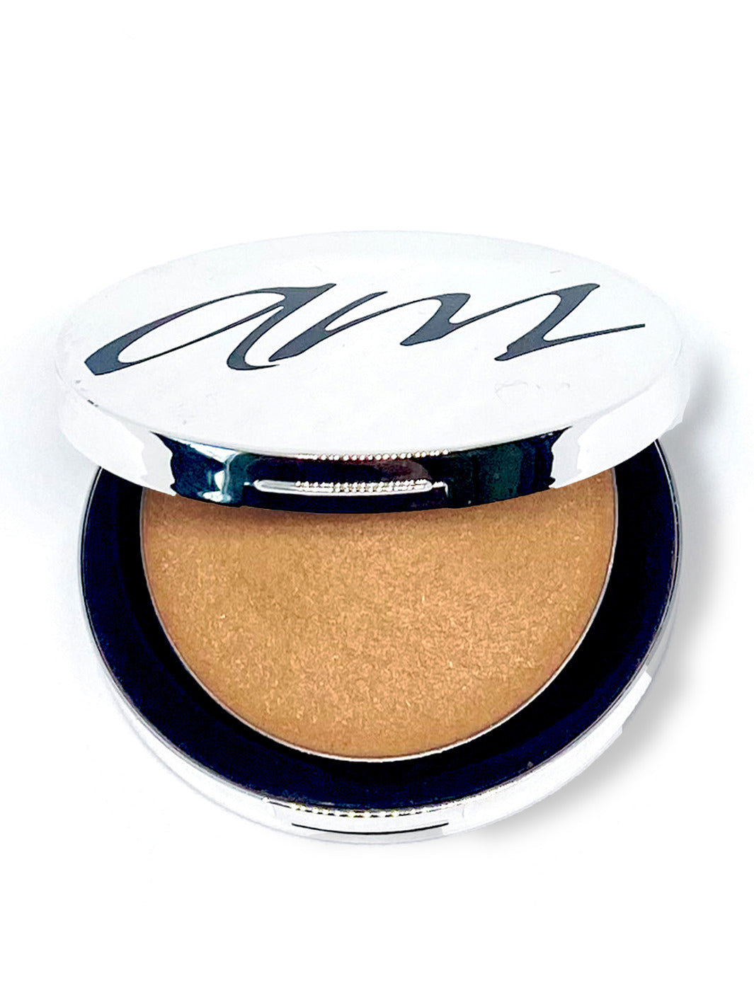 The top view of an advanced mineral makeup product with in the color of 'lumigold' with the lid half way off. #colour_gold