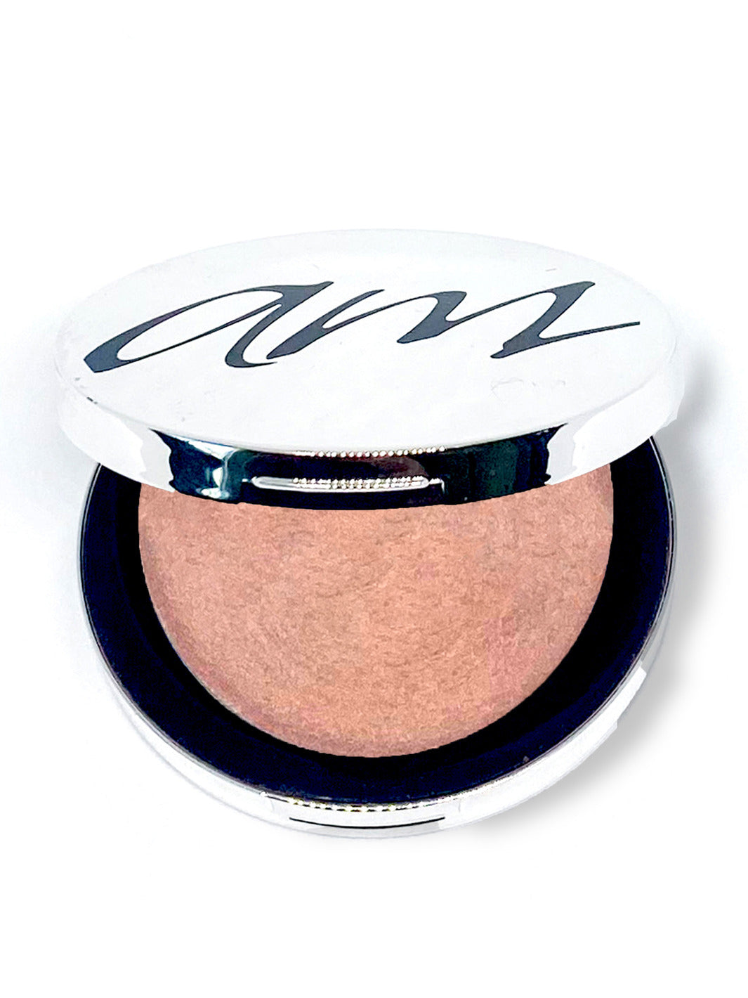 The top view of an advanced mineral makeup product with in the color of 'lumi pink' with the lid half way off. #colour_pink