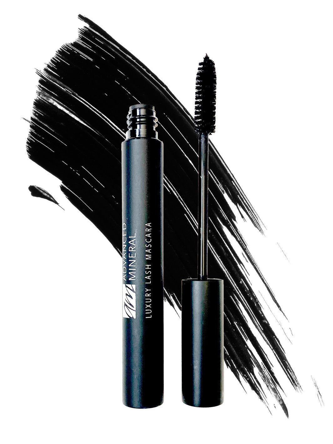 A pitch black mascara bottle with applicator and a color swatch smear behind them on a white background.