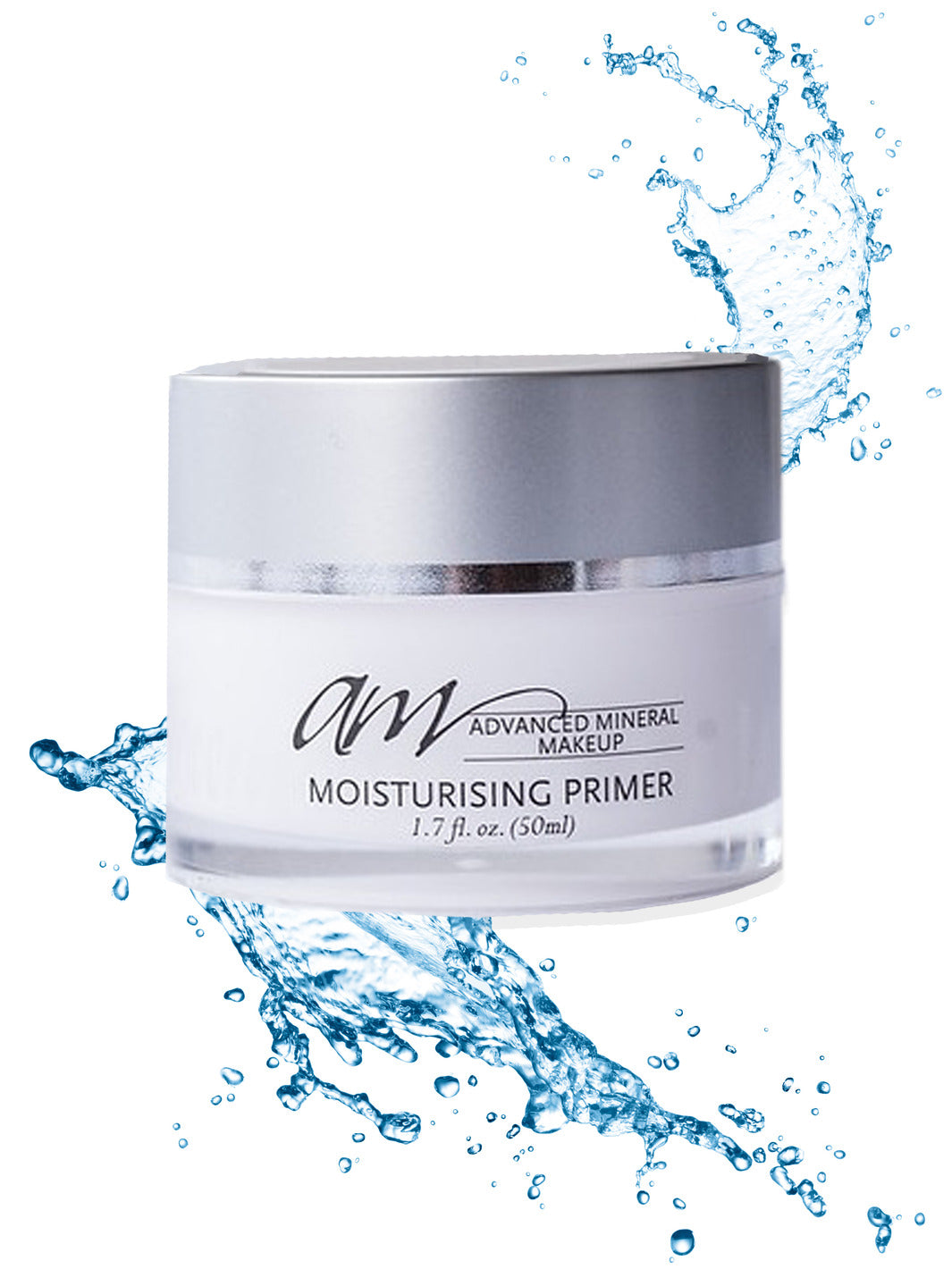 A small container of moisturizing primer from advanced mineral makeup laying on a white background with blue water splashes around it.