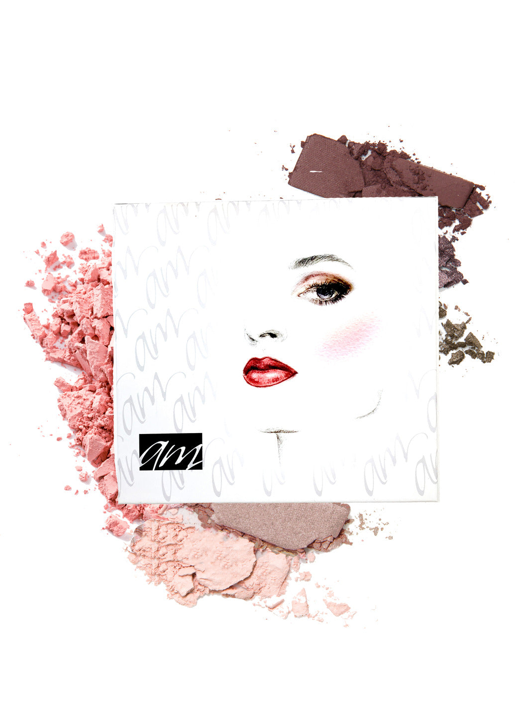 A stylized picture of a woman wearing red lipstick on a square photo laying on two colors of powdered makeup all on a white background.