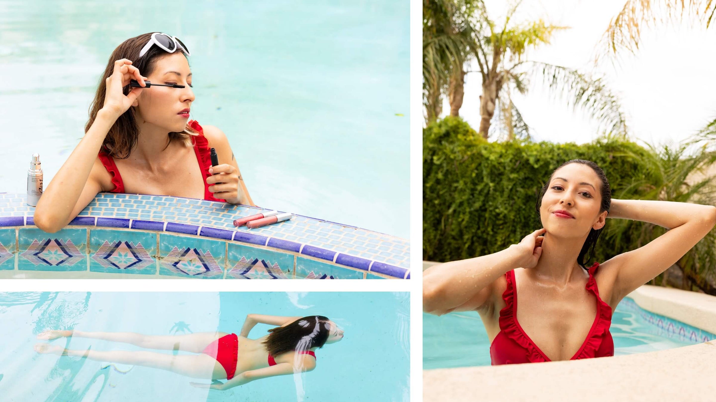 Woman swimming in pool with red bikini