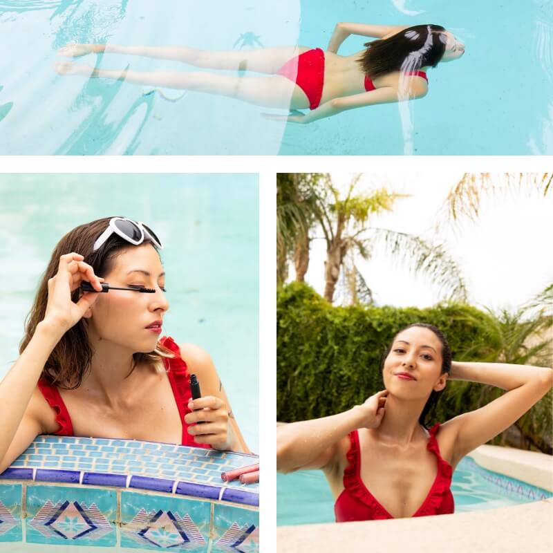 Woman swimming in pool with red bikini