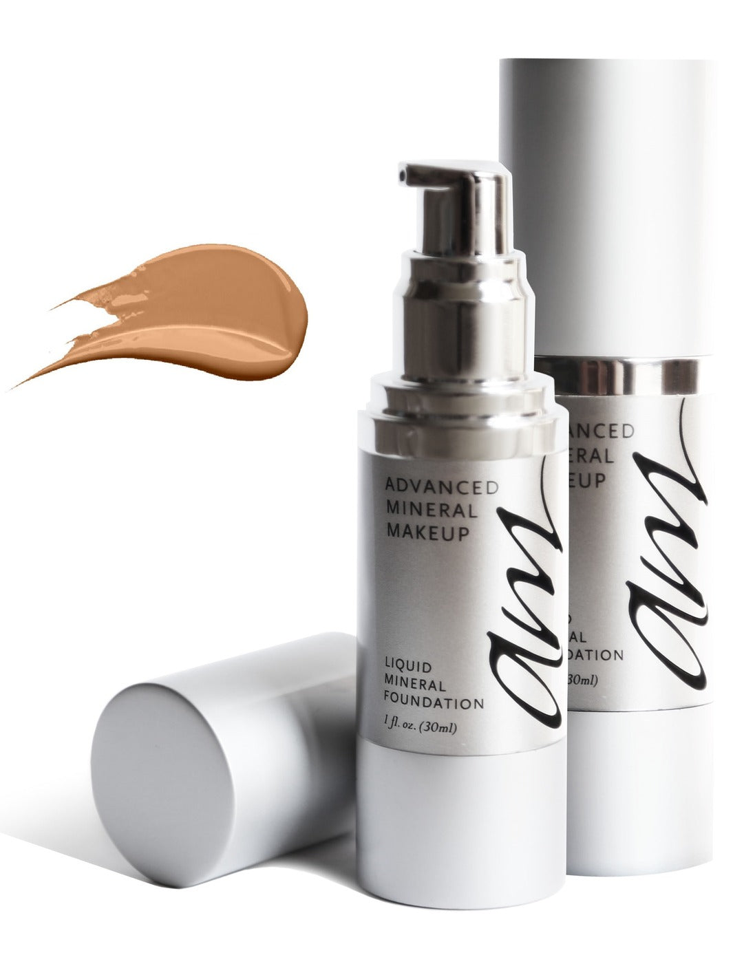 2 pump bottles of Advanced Mineral Makeup products with a small smear swatch of makeup product on a white background. #colour_caramel