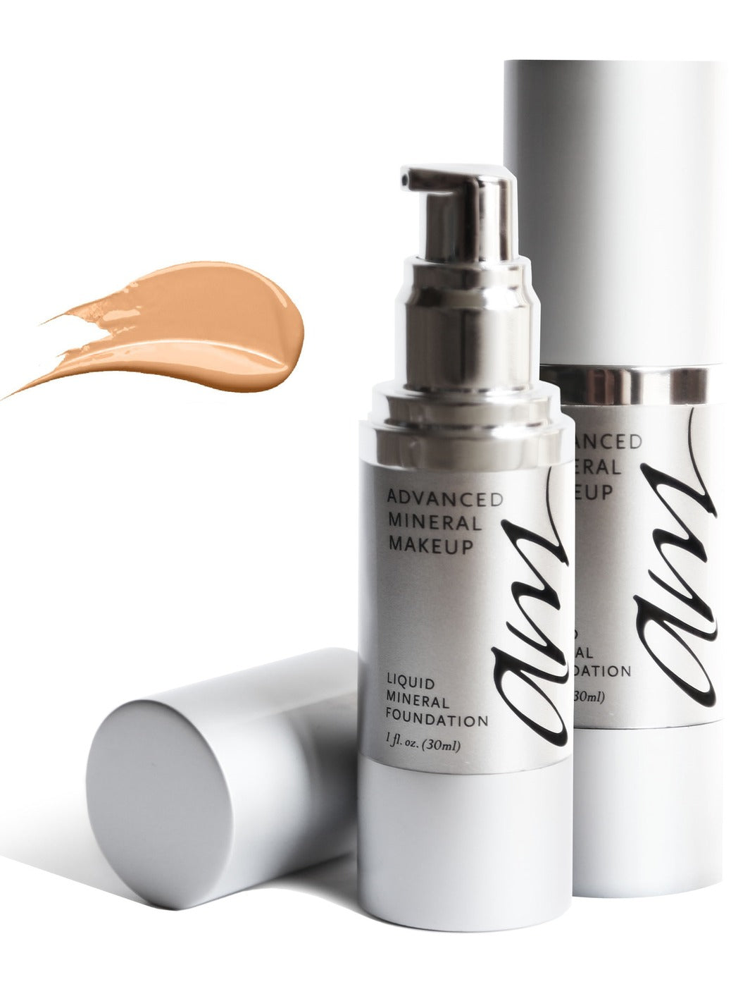 Two pump makeup bottles called 'liquid mineral foundation' on a white background. #colour_french-toast