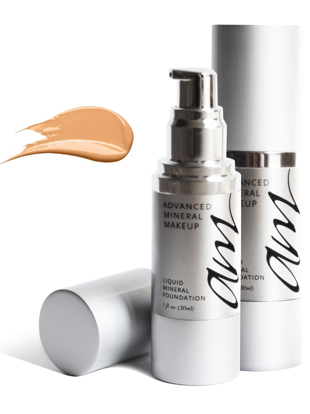 2 small makeup pump bottles with a smear swatch of color on a white background. #colour_praline