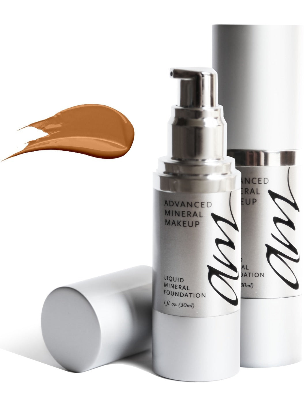 Two small makeup pump bottles on a white background in front of a toffee colored paint swatch. #colour_toffee