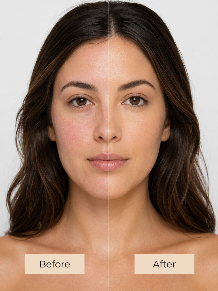 A split-screen before-and-after comparison of a woman's face, showing natural skin on the left labeled 'BEFORE' and smoother, more even skin on the right labeled 'AFTER' against a light gray background. #colour_cr-me-br-l-e