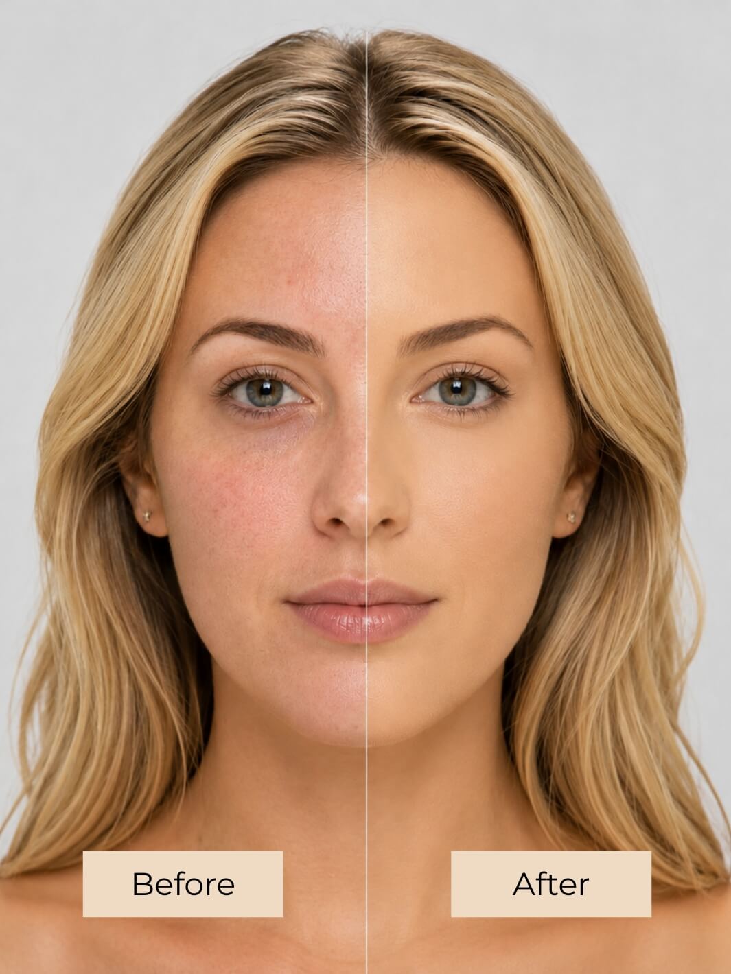 A split-screen before-and-after beauty comparison of a blonde woman's face after using liquid foundation, showing natural skin on the left labeled 'Before' and smoother, more even skin on the right labeled 'After' against a light gray background. #colour_cr-me-br-l-e