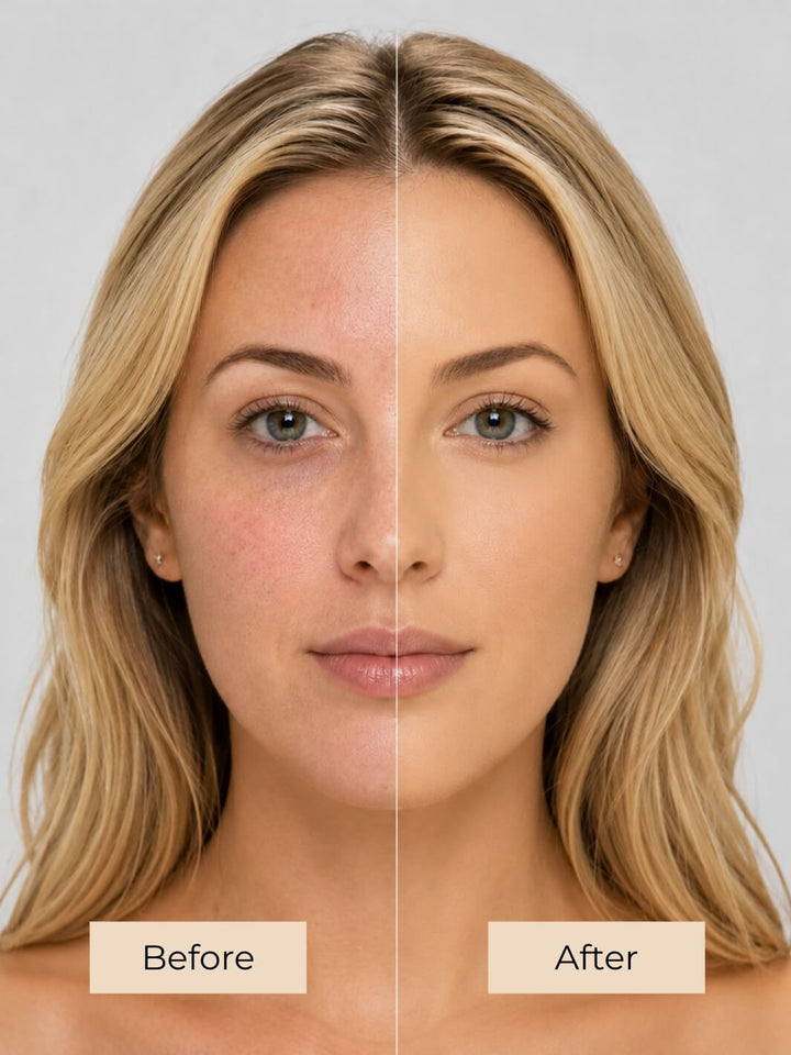 A split-screen before-and-after beauty comparison of a blonde woman's face after using liquid foundation, showing natural skin on the left labeled 'Before' and smoother, more even skin on the right labeled 'After' against a light gray background. #colour_cr-me-br-l-e