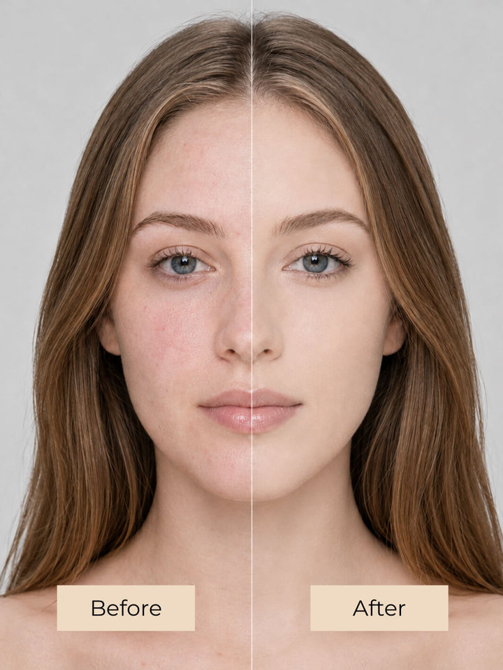A split-screen before-and-after portrait of a woman's face after using liquid foundation, showing skin texture and tone improvement. The left side is labeled 'Before' and the right side 'After' on beige labels against a light gray background. #colour_cream-puff