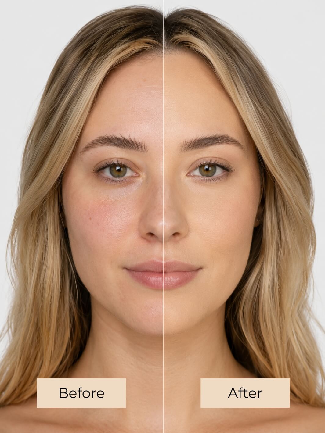 A split-screen before-and-after comparison of a woman's face, showing natural skin on the left labeled 'BEFORE' and smoother, more even skin on the right labeled 'AFTER' against a light gray background. #colour_cream-puff