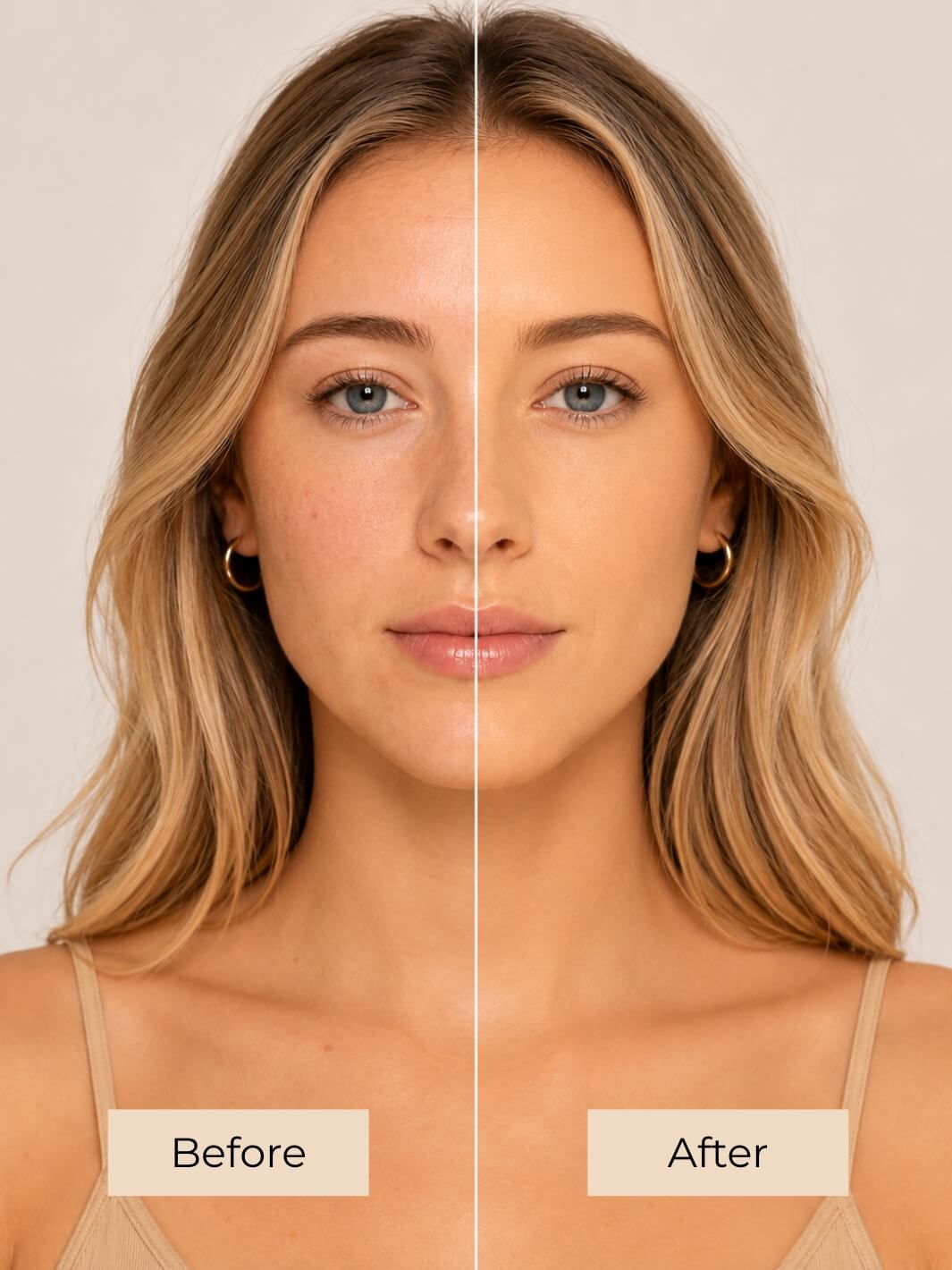 A split-screen before-and-after comparison of a woman's face, showing natural skin on the left labeled 'Before' and smoother, more even skin on the right labeled 'After'. #colour_praline