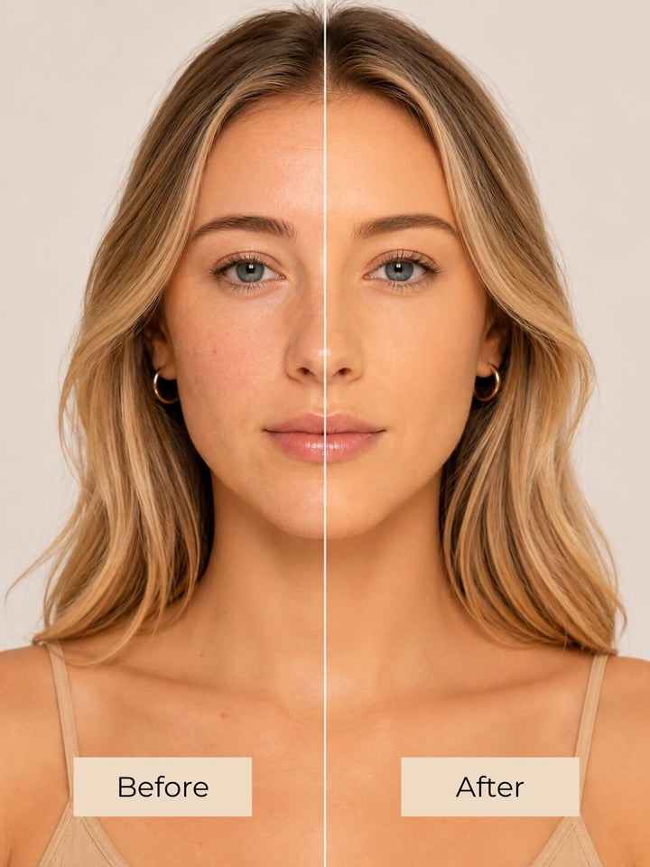 A split-screen before-and-after comparison of a woman's face, showing natural skin on the left labeled 'Before' and smoother, more even skin on the right labeled 'After'. #colour_praline