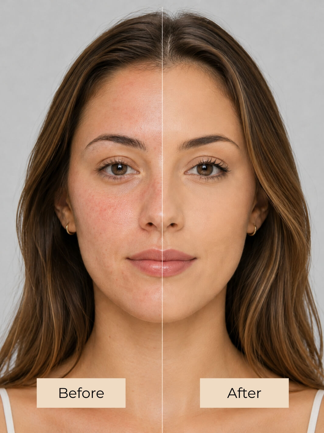 A split-screen before-and-after comparison of a woman's face after using liquid foundation, showing skin texture and tone improvement. The left side is labeled 'Before' and shows slightly uneven skin tone and redness, while the right side is labeled 'After' and appears smoother and more even. #colour_ginger-snap