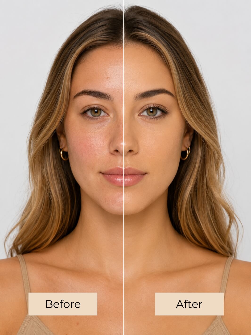 A split-screen before-and-after beauty comparison of a woman's face, showing natural skin on the left labeled 'Before' and smoother, more even skin on the right labeled 'After' against a light gray background. #colour_ginger-snap