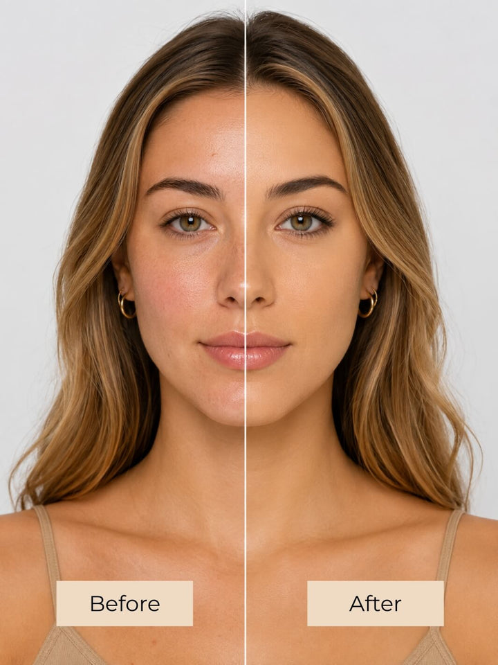 A split-screen before-and-after beauty comparison of a woman's face, showing natural skin on the left labeled 'Before' and smoother, more even skin on the right labeled 'After' against a light gray background. #colour_ginger-snap