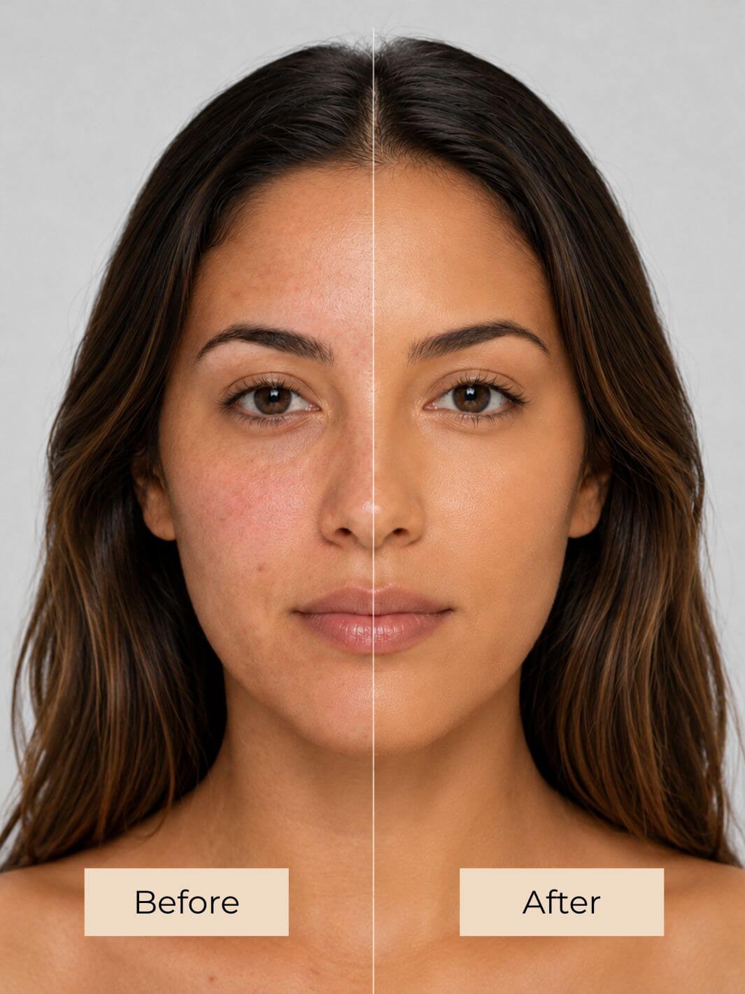 A split-screen before-and-after portrait of a woman's face after using liquid mineral makeup, showing natural skin on the left labeled 'Before' and smoother, more even skin on the right labeled 'After' against a light gray background. #colour_caramel