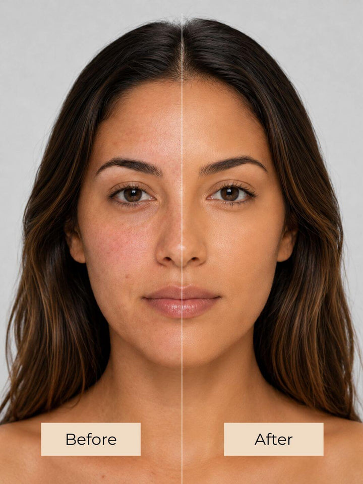 A split-screen before-and-after portrait of a woman's face after using liquid mineral makeup, showing natural skin on the left labeled 'Before' and smoother, more even skin on the right labeled 'After' against a light gray background. #colour_caramel