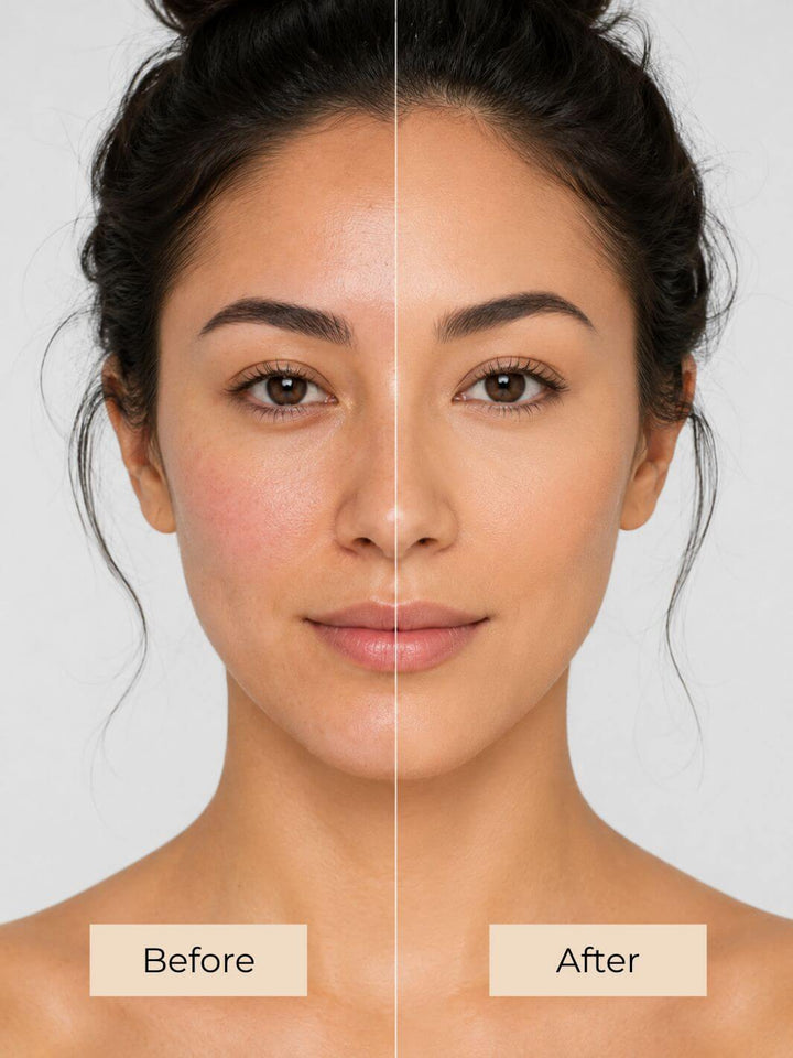 A split-screen close-up of a woman's face labeled 'Before' on the left and 'After' on the right, showing a skincare or makeup result against a light gray background. #colour_caramel