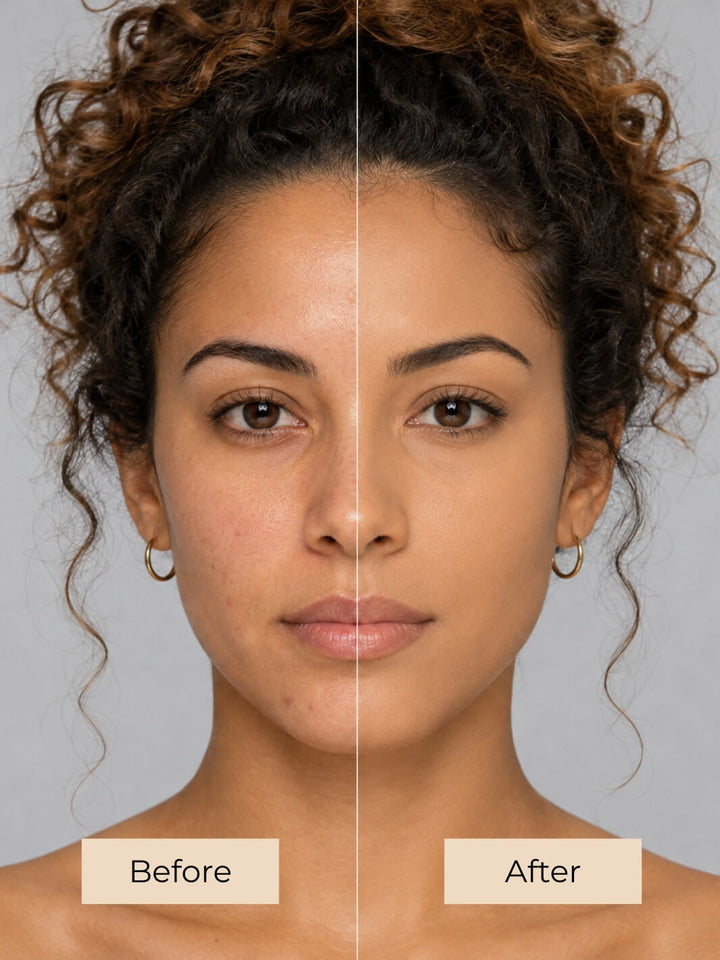A split-screen before-and-after comparison of a woman's face, showing natural skin on the left labeled 'Before' and smoother, more even skin on the right labeled 'After' against a light gray background. #colour_french-toast