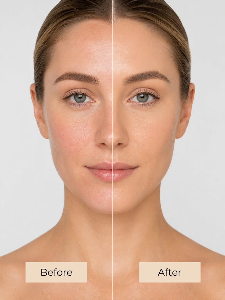A split-screen close-up of a woman's face labeled 'Before' on the left and 'After' on the right, showing a smooth, even complexion and makeup application comparison against a light gray background. #colour_french-toast