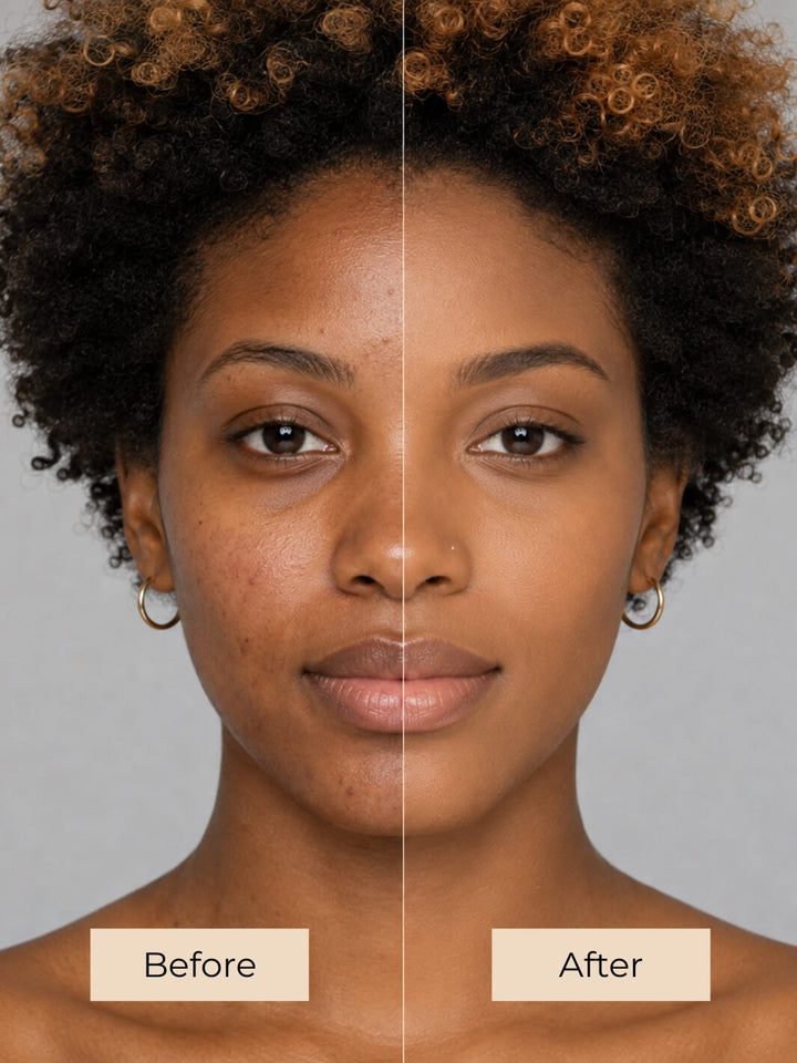 A split-screen close-up of a woman's face labeled 'Before' on the left and 'After' on the right, showing a skincare or makeup result against a plain light gray background. #colour_toffee