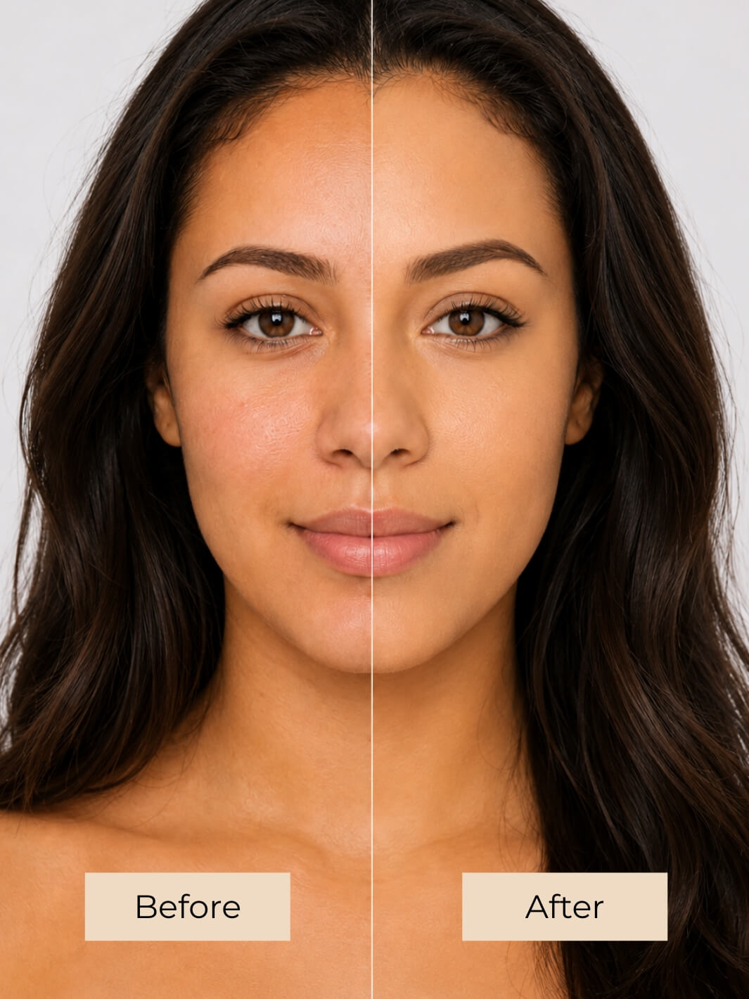 A split-screen close-up of a woman's face labeled 'Before' on the left and 'After' on the right, showing a skincare or makeup result against a light gray background. #colour_toffee