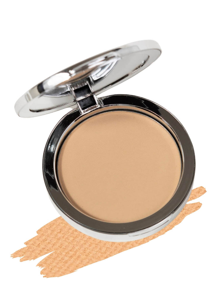 Pressed mineral foundation compact in shade Angelina (light-medium warm), lid off — Advanced Mineral Makeup #colour_angelina