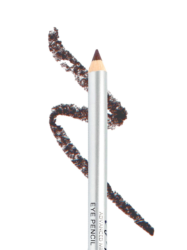 A brown makeup pencil with a streak behind it to showcase the color on a white background. #colour_chocolate