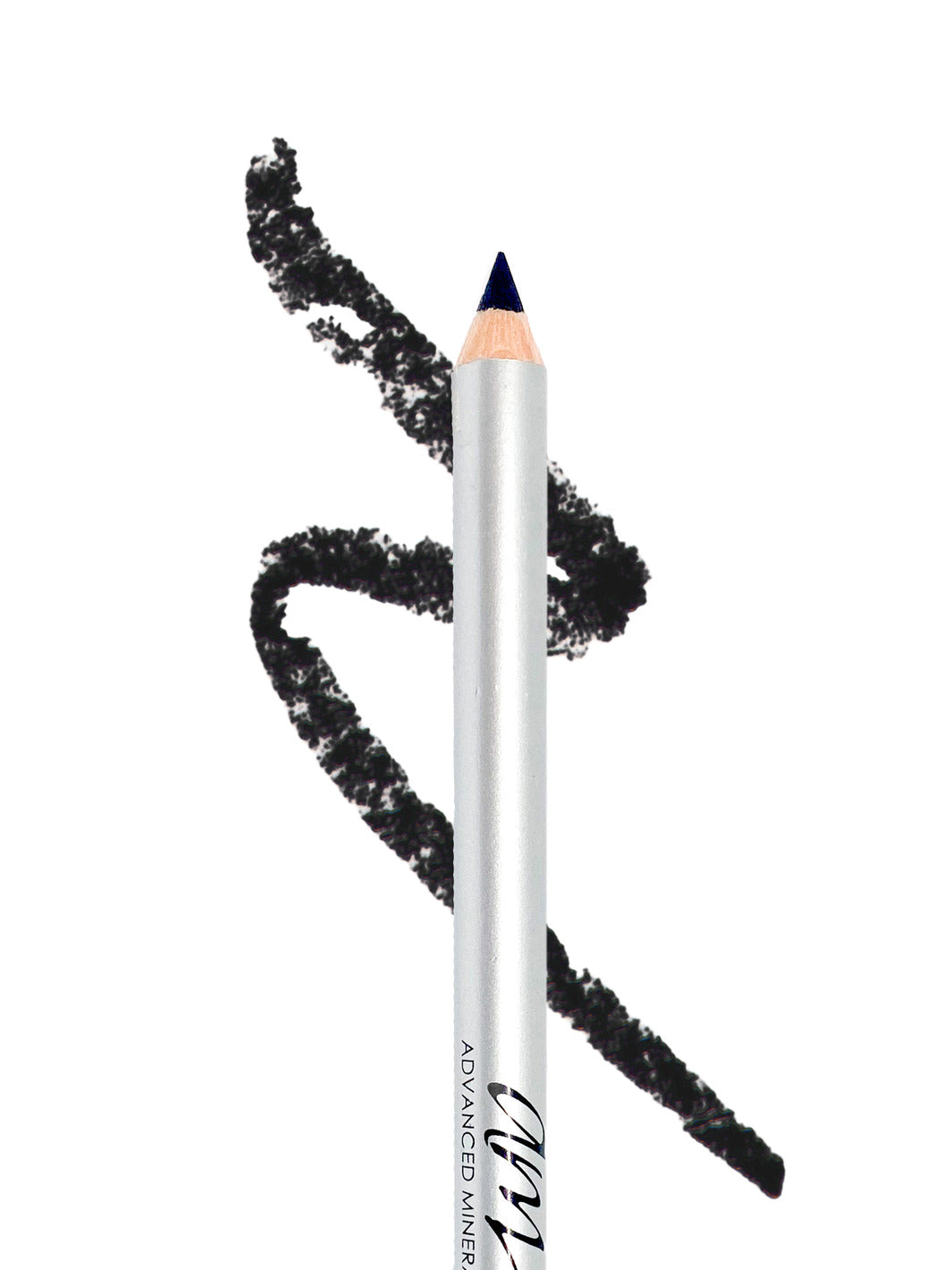 A black makeup pencil with a streak behind it to showcase the color on a white background. #colour_jet