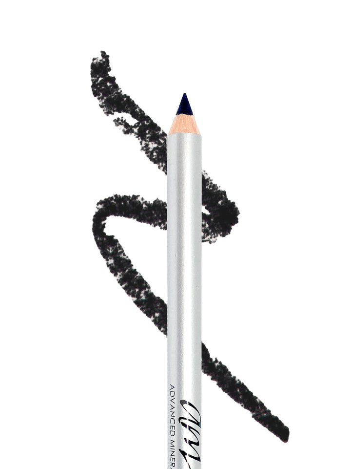 A black makeup pencil with a streak behind it to showcase the color on a white background. #colour_jet