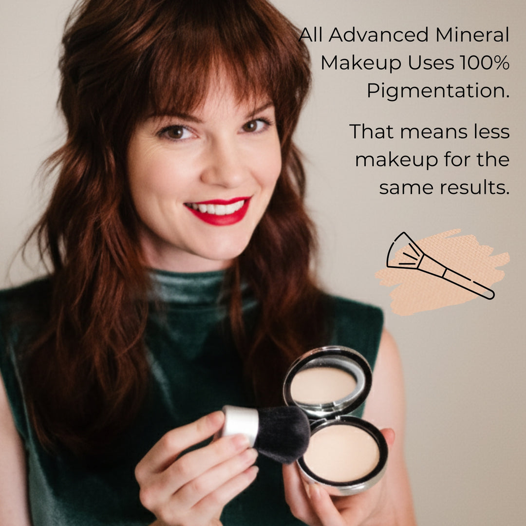 Woman holding a compact powder and brush with text about advanced mineral makeup. #colour_taylor