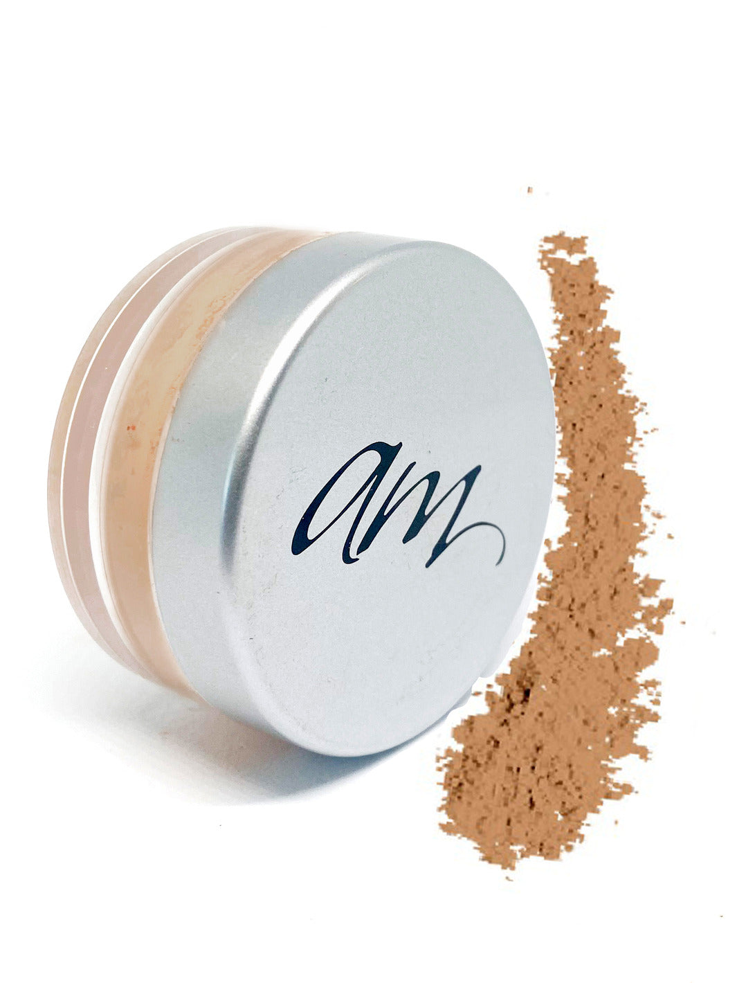Advanced Mineral makeup loose foundation powder in a small cylinder with powder next to it on a white background. #colour_eva